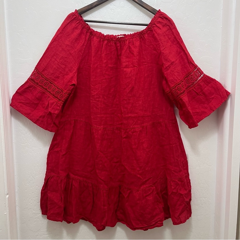 Terzo Millennio Linen Dress Sz L Red Tiered Off The Shoulder Lagenlook